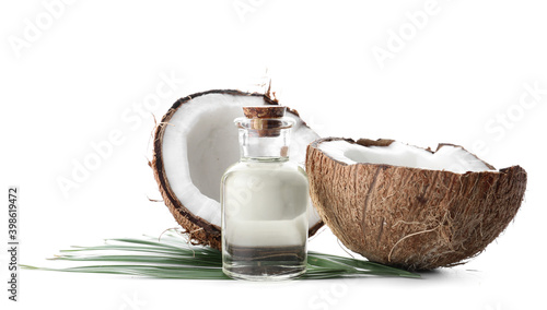 Obraz na plátne Bottle with coconut essential oil on white background