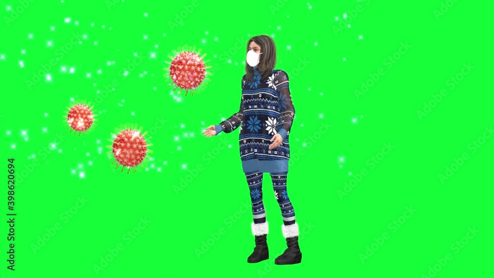 3d animation a young avatar woman dressed in warm winter clothes and a face mask talks about the virus. 3d animation a young avatar woman dressed in warm winter clothes and a face mask talks about the virus.