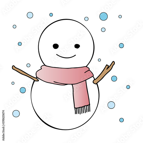 雪の日　赤系マフラーのゆきだるまのイラスト