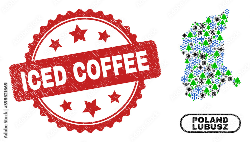 Vector Covid winter collage Lubusz Voivodeship map and Iced Coffee grunge seal. Iced Coffee stamp seal uses rosette shape and red color. Vector Covid winter collage Lubusz Voivodeship map and Iced Coffee grunge seal. Iced Coffee stamp seal uses rosette shape and red color.