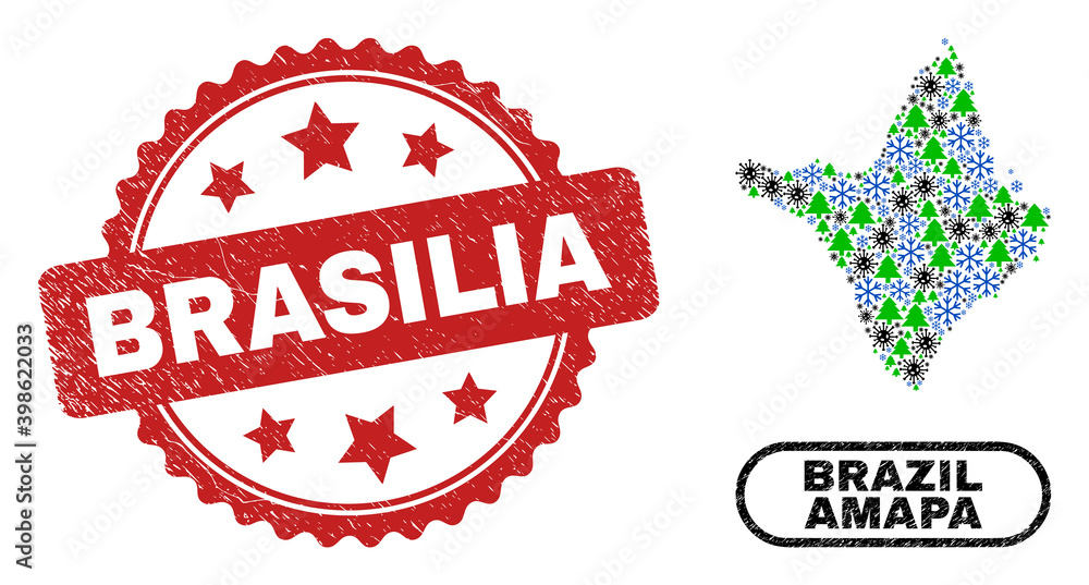 Vector Covid New Year collage Amapa state map and Brasilia unclean seal. Brasilia stamp seal uses rosette shape and red color. Collage Amapa state map is created from random virus, snow, Vector Covid New Year collage Amapa state map and Brasilia unclean seal. Brasilia stamp seal uses rosette shape and red color. Collage Amapa state map is created from random virus, snow,