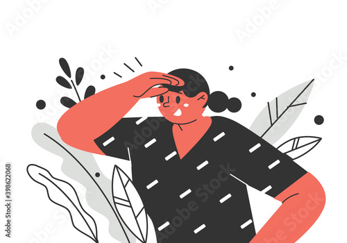 The concept of searching. A woman looking with her eyes. The girl is looking into the distance. A character peering into the distance. . Vector illustration.