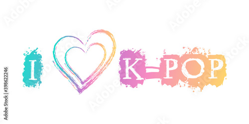 Colorful k-pop lettering with a Hand-drawn heart. Isolated sticker in a modern rainbow gradient . Design of postcard, poster, banner and t-shirt for korean pop music fans