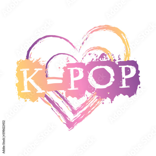 Colorful k-pop lettering with a Hand-drawn heart. Isolated sticker in a modern purple-yellow gradient . Design of postcard, poster, banner and t-shirt for korean pop music fans