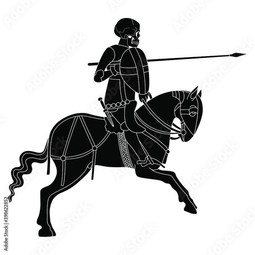 Death riding a horse. Medieval horseman in armor with spear and skull head. Dead knight. Black and white silhouette.