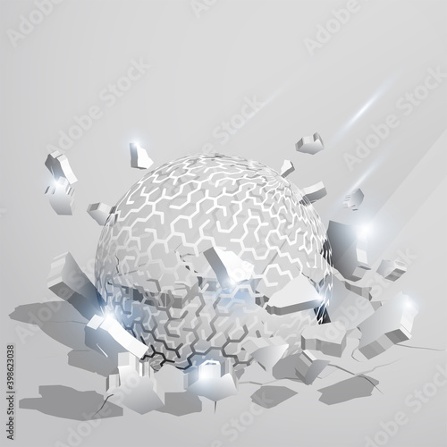 ball, orb with pattern of mazes crashed into the ground at high speed and breaks into shards, cracks. Inflicting heavy damage. Vector