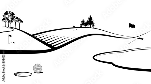 Sport ball for golf in front of hole with flags on sports field. Banner, background for design of competitions. Healthy lifestyle.  Vector