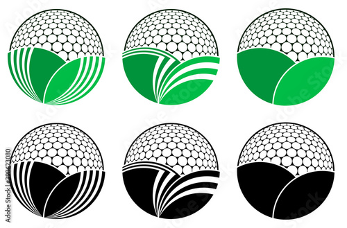 symbol set, sport ball for golf on white background with golf course stylized as leaves. Golf competition. Isolated vector