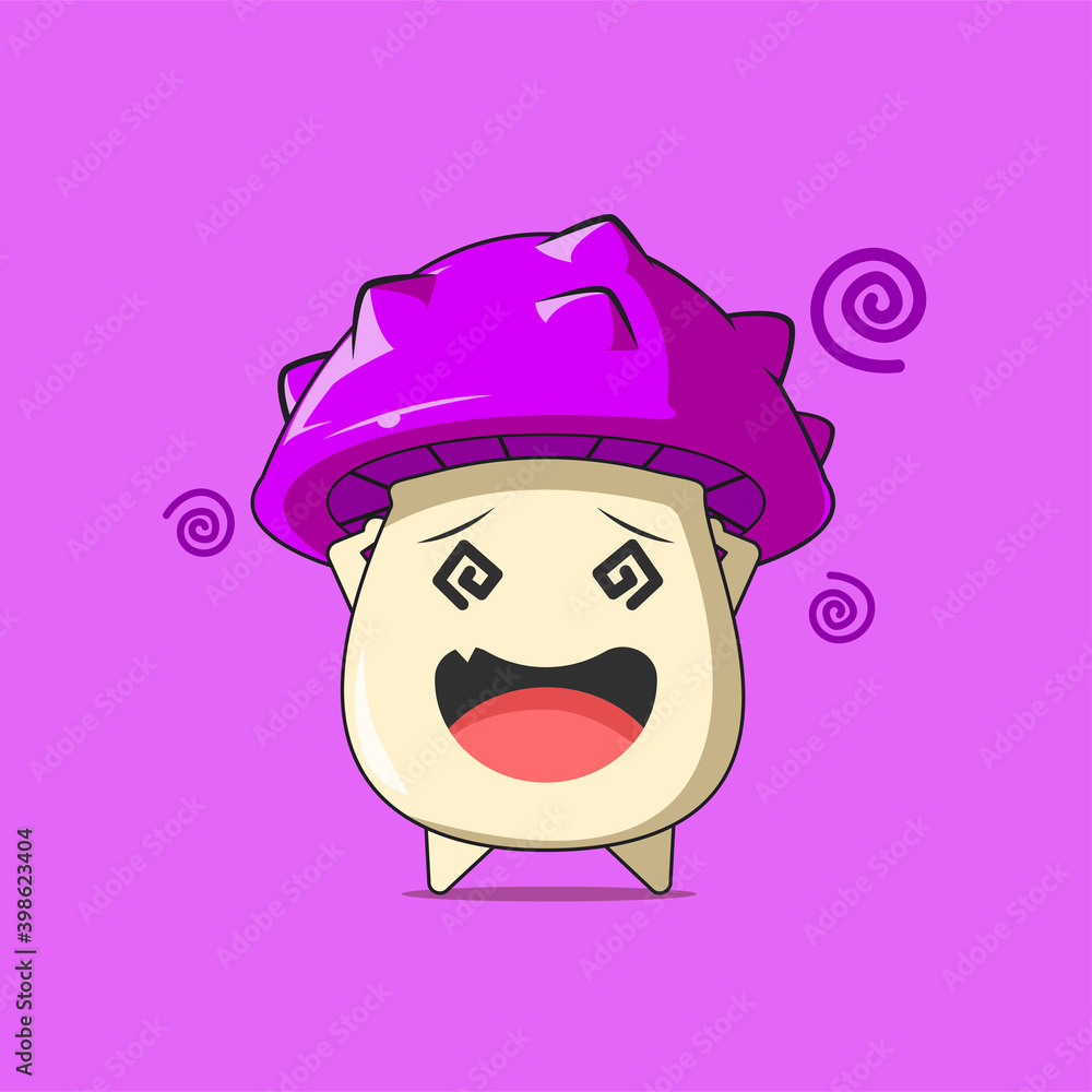 a poison mushroom character feeling dizzy isolated on purple background. a poison mushroom character emoticon illustration a poison mushroom character feeling dizzy isolated on purple background. a poison mushroom character emoticon illustration