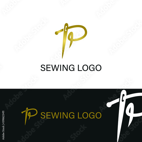 elegant Initial P letter typography with needle for sewing, hand made, fashion business logo