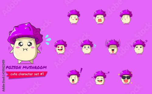 a set of poison mushrooms character #1 isolated on purple background. a poison mushrooms character emoticon illustration