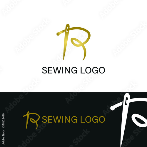 elegant Initial R letter typography with needle for sewing, hand made, fashion business logo