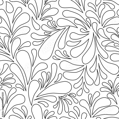 Drops abstract illustration, foliage, outline, rounded decorated black over white background.
