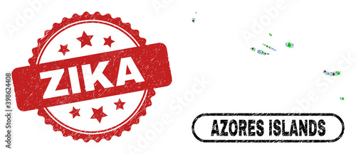 Vector pandemic New Year composition Azores Islands map and Zika corroded stamp seal. Zika stamp seal uses rosette shape and red color. Collage Azores Islands map is created from scattered flu virus,