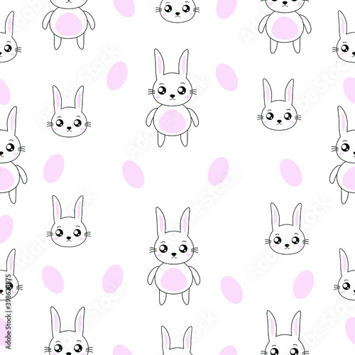 Cute Easter bunnies pink eggs vector illustration  seamless pattern on white background