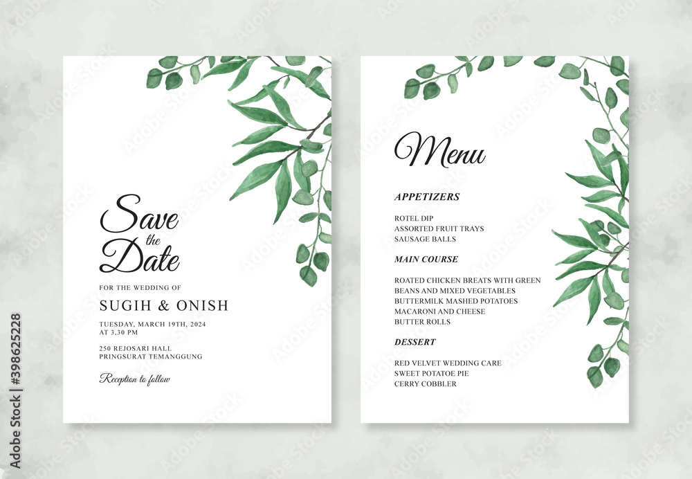 Minimalist wedding invitation with watercolor foliage
