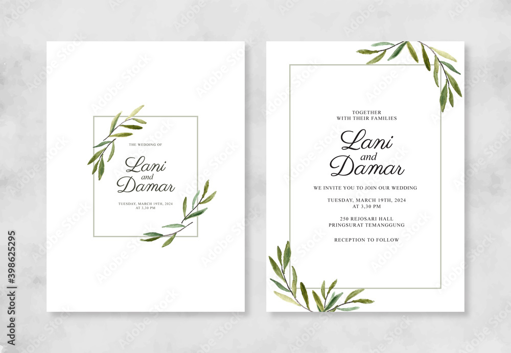 Minimalist wedding invitation with watercolor leaves