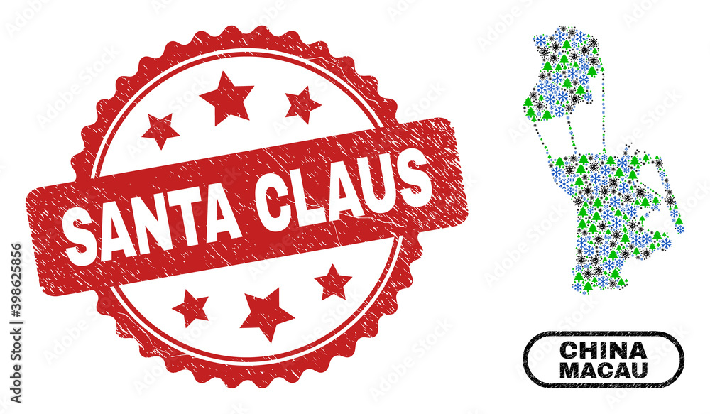 Vector coronavirus New Year mosaic Macau map and Santa Claus unclean seal. Santa Claus stamp seal uses rosette shape and red color. Mosaic Macau map is created with randomized covid- 2019 virus, snow, Vector coronavirus New Year mosaic Macau map and Santa Claus unclean seal. Santa Claus stamp seal uses rosette shape and red color. Mosaic Macau map is created with randomized covid- 2019 virus, snow,