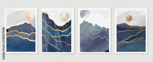 Luxury Gold Mountain wall art vector set. Earth tones landscapes backgrounds set with moon and sun.  Abstract Plant Art design for print, cover, wallpaper, Minimal and  natural wall art. 