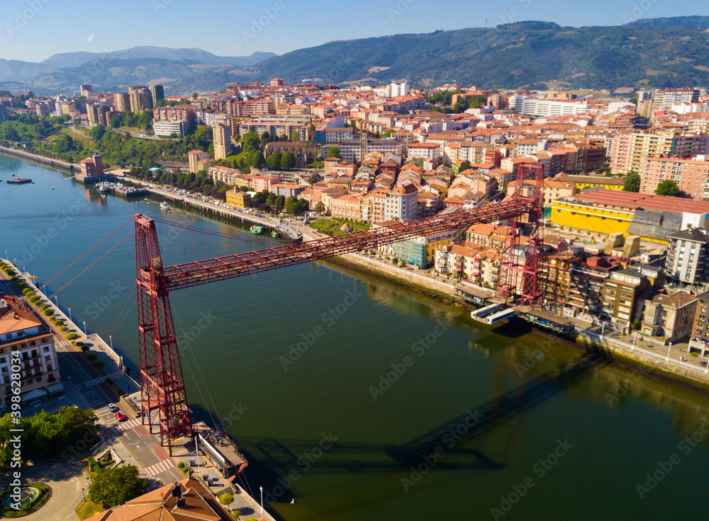Fototapeta premium Aerial view of Bizkaia suspension Bridge in Portugalete, Spain