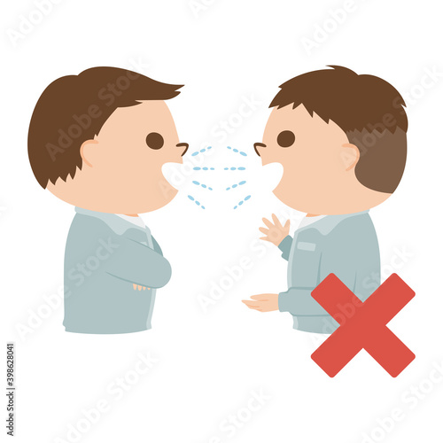 男性の建設業者のイラスト。近い距離で会話をしている男性二人。バツマークが付いてる。