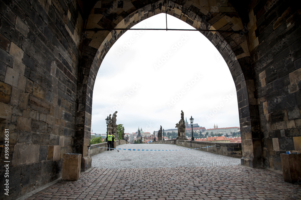 Prague, Czech Republic - June 06, 2013: Charles Bridge entrance during the 2013 floods in Prague