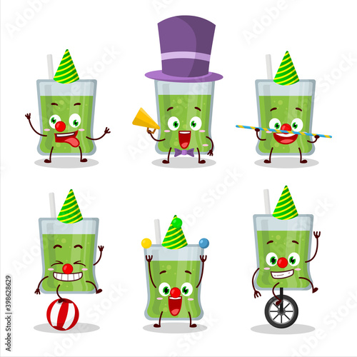 Cartoon character of green apple juice with various circus shows