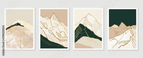 Luxury Gold Mountain wall art vector set. Earth tones landscapes backgrounds set with moon and sun.  Abstract Plant Art design for print, cover, wallpaper, Minimal and  natural wall art. 