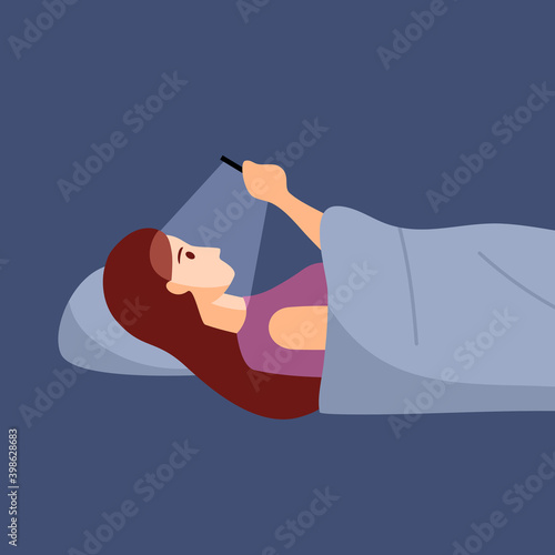 Woman using smartphone at night in flat design. Girl addict social media and sleep late. Insomnia. Blue light from smartphone reflecting eyes.