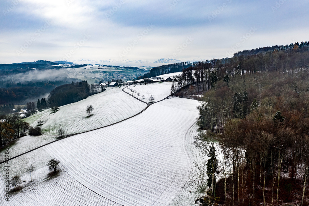aerial view of snowing fields and the alps aerial view of snowing fields and the alps
