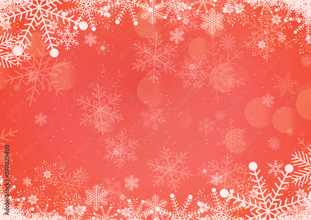 Vector winter red gradient Christmas background snowflake and snow border