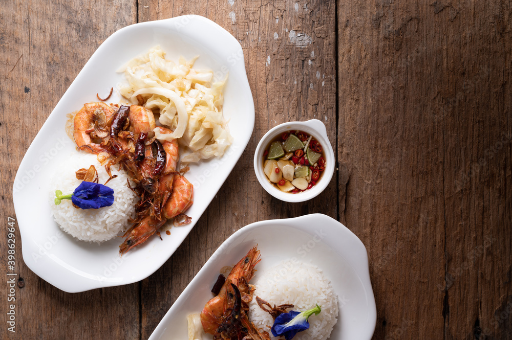 Stir Fried Shrimp with Tamarind Sauce with Rice with studio light delicious looking. Stir Fried Shrimp with Tamarind Sauce with Rice with studio light delicious looking.