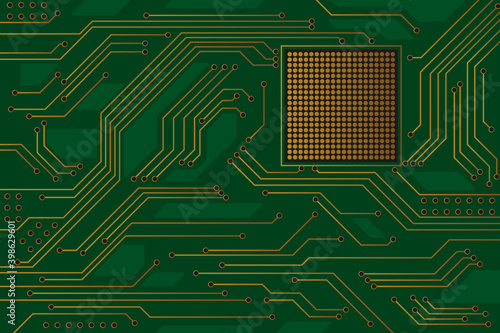 Hi tech green circuit board background with gold plated lines.