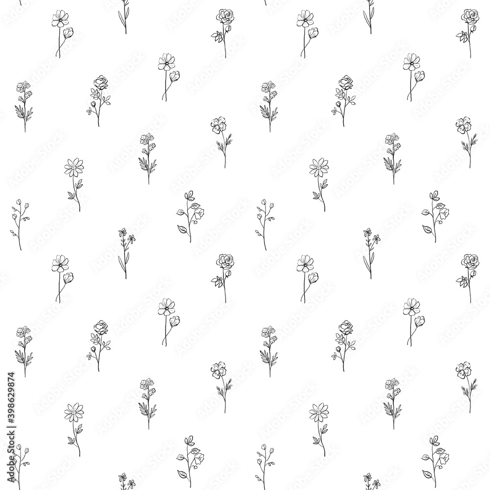 black and white wild garden flower. Hand drawn floral seamless pattern. Can be used for backgrounds, wallpaper, invitations, greeting cards, wrapping paper.