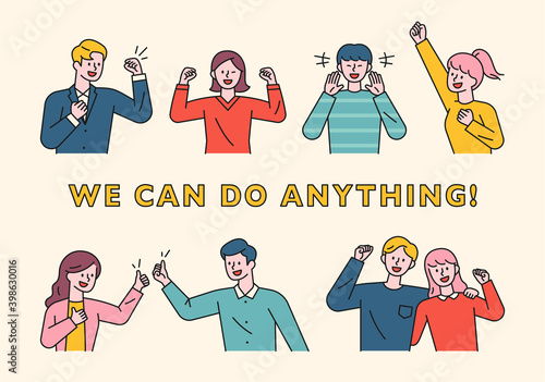 They are making gestures that people can do it. People are raising their fists in a positive pose. flat design style minimal vector illustration.