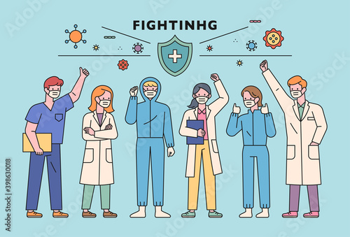 Medical staff characters fighting against the virus. People wearing doctor gowns and quarantine uniforms are raising their fists up. flat design style minimal vector illustration.
