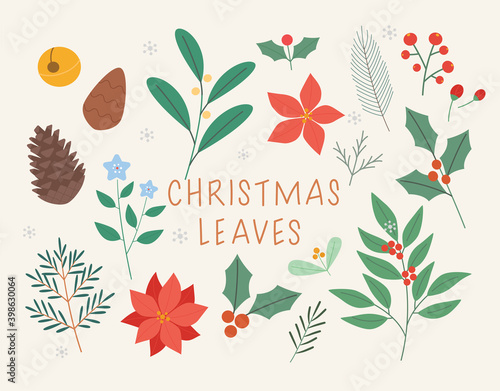 Christmas card decoration leaves. flat design style minimal vector illustration.