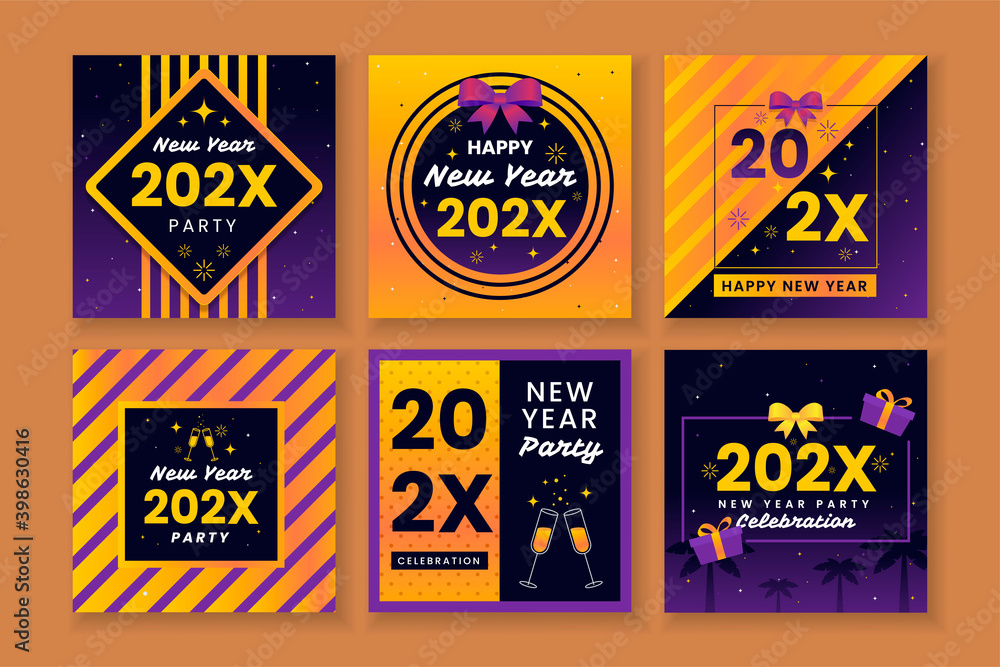 Social media post templates for new year celebrations or parties, with festive colors, modern yellow stipes and contemporary graphic style.