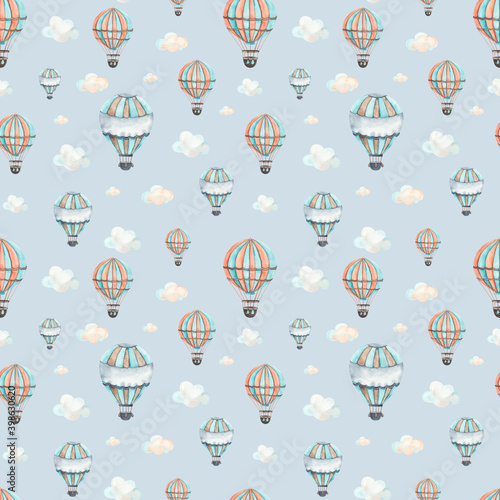 Watercolor children seamless pattern Transport by Air with cute hot air balloons, clouds