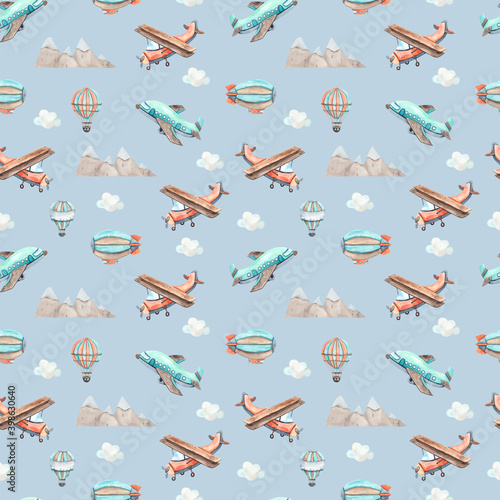Watercolor children seamless pattern Transport by Air with cute planes, mountains, clouds