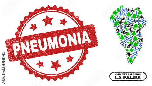 Vector pandemic winter collage La Palma Island map and Pneumonia rubber watermark. Pneumonia stamp seal uses rosette shape and red color. Mosaic La Palma Island map is created from randomized viral,
