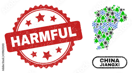 Vector Covid-2019 Christmas collage Jiangxi Province map and Harmful corroded seal. Harmful watermark uses rosette shape and red color. Collage Jiangxi Province map is created with random Covid-2019,