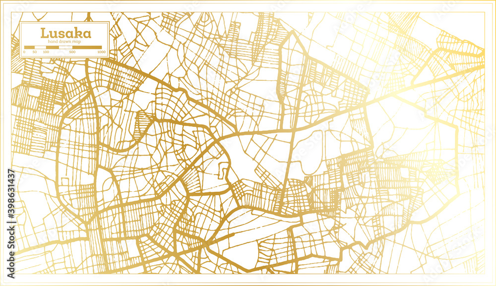 Lusaka Zambia City Map in Retro Style in Golden Color. Outline Map.