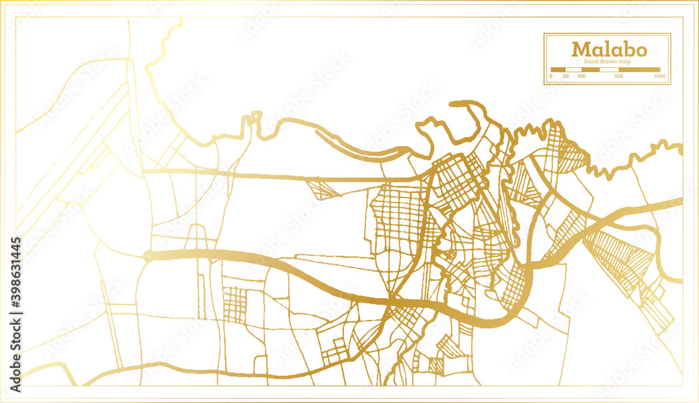Malabo Equatorial Guinea City Map in Retro Style in Golden Color. Outline Map. Malabo Equatorial Guinea City Map in Retro Style in Golden Color. Outline Map.