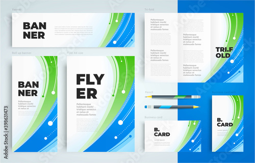 Identity rays geen and blue color. Lines and circles actions stripes. Set flyer cover, tri-fold, banner, roll up banner, business card