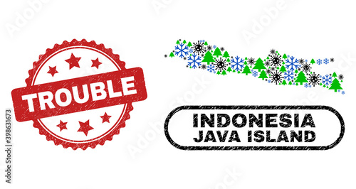 Vector Covid New Year mosaic Java Island map and Trouble dirty stamp seal. Trouble seal uses rosette shape and red color. Mosaic Java Island map is organized from randomized Covid, frost,