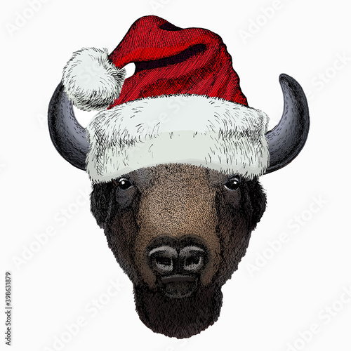 Vector bison head. Christmas red Santa Claus hat. Portrait of bull, buffalo.