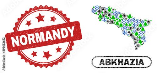 Vector Covid New Year collage Abkhazia map and Normandy grunge seal. Normandy imprint uses rosette shape and red color. Mosaic Abkhazia map is composed of randomized viral, frost, New Year Tree icons.