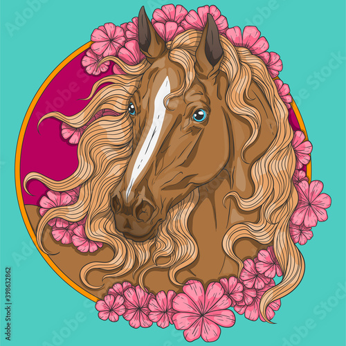 Beautiful horse portrait in flowers.