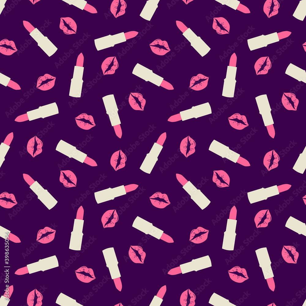 .Glamorous pattern with pink kisses and lipstick seamless pattern. Cosmetic seamless pattern. Vector illustration .Glamorous pattern with pink kisses and lipstick seamless pattern. Cosmetic seamless pattern. Vector illustration